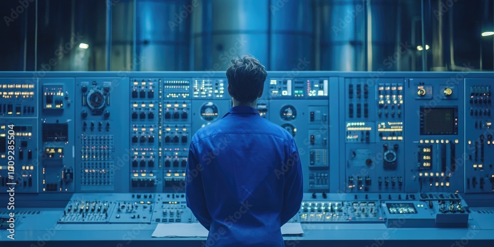 Aufkleber A person standing in front of a control panel with various buttons and screens