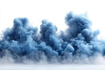 a dramatic explosion of blue smoke borders a white background creating a striking visual effect that evokes a sense of energy and movement