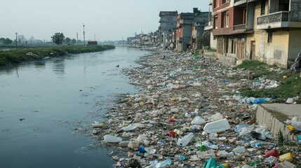 A river in an urban area is heavily polluted with plastic and other debris.