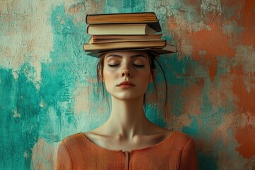 A woman balancing a stack of books on her head, focusing on a specific task