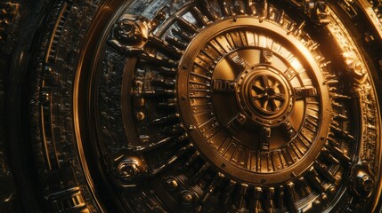 Fototapeta premium A close-up view of a golden clock mounted on a wall, perfect for decorating a room or highlighting timekeeping importance