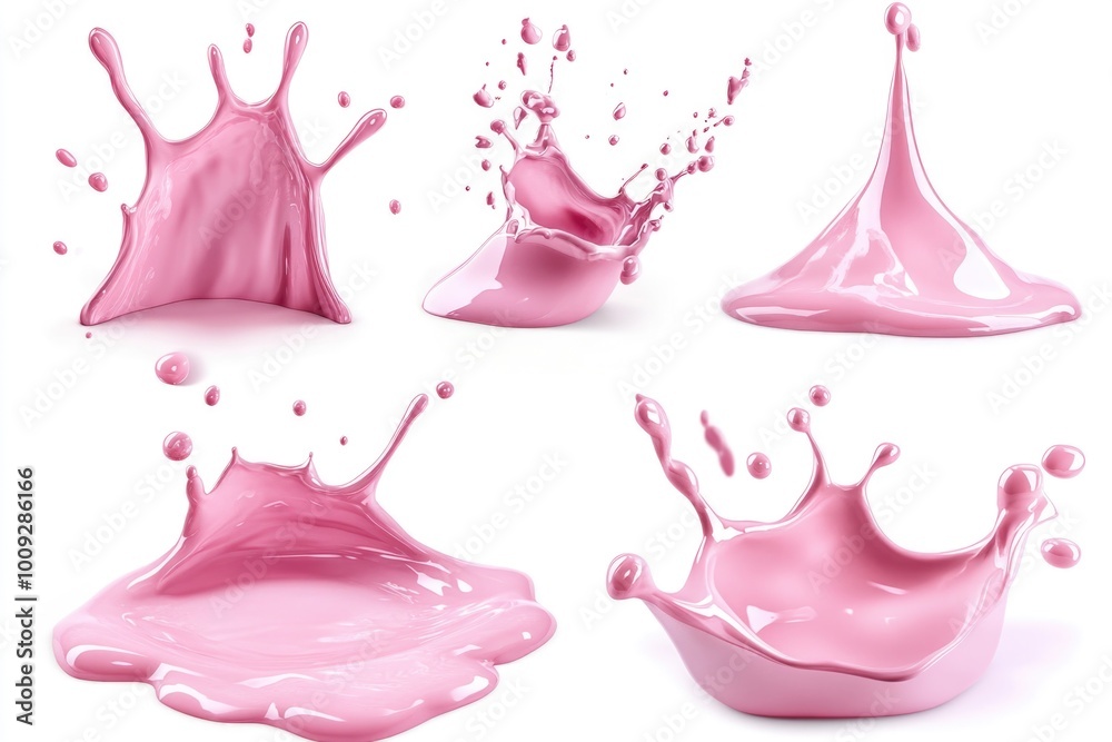 Poster A collection of four images showing pink liquid splashing and flowing