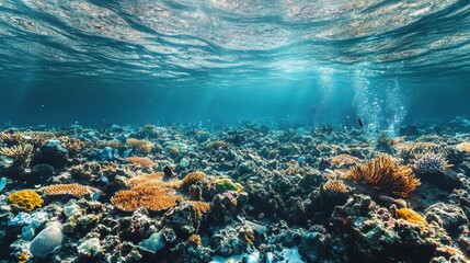 A vibrant underwater scene with coral reefs and sunlight