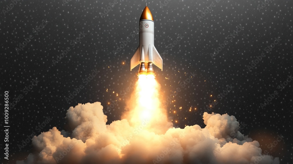 Poster A rocket blasts off from a cloudy sky, with contrails visible in the atmosphere