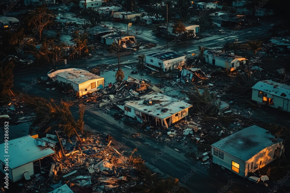 Aufkleber A nighttime view of a devastated urban area with debris and destruction