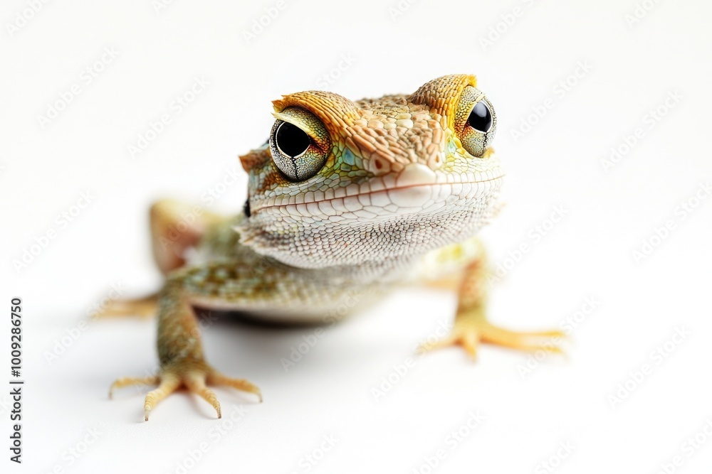 Poster a close-up shot of a reptile with scaly skin on a plain white background