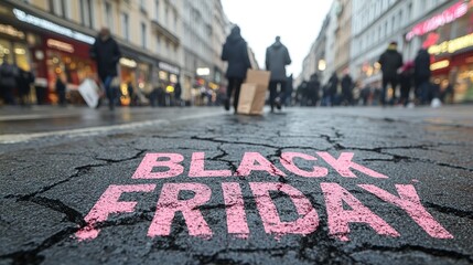 A close-up of a pink Black Friday inscription on the asphalt against a background of blurred people with colorful bags. The concept of discounts and sales
