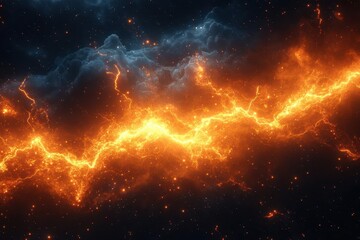a dramatic image of electric orange lightning bolts illuminates a dark background creating a sense of power and energy that captivates the viewer with its intensity and vibrancy