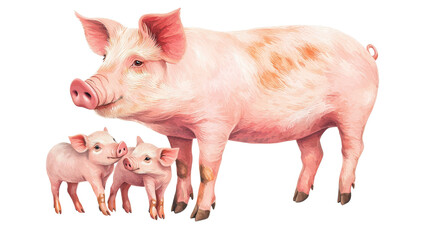 A mother pig with two piglets, isolated on a white background.