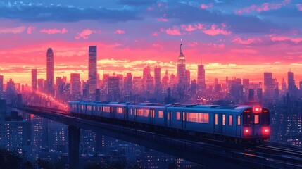 Fototapeta premium A city skyline at dusk featuring a cartoon train moving through the urban landscape the sky painted in muted pastel colors creating a serene atmosphere 