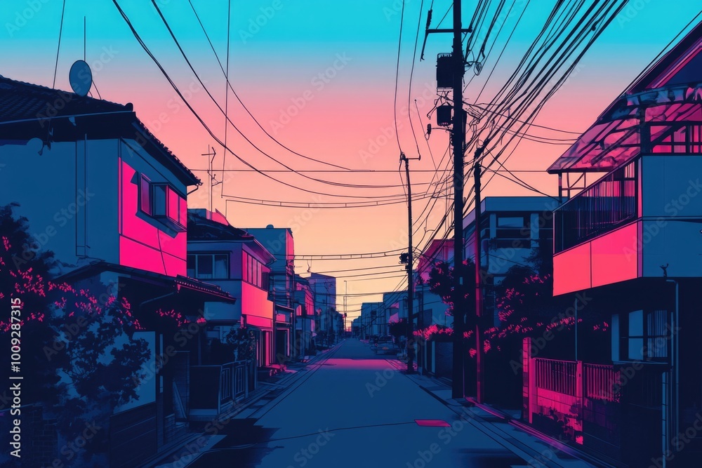 Aufkleber urban scene with numerous power lines, suitable for use in urban infrastructure or technology-relate
