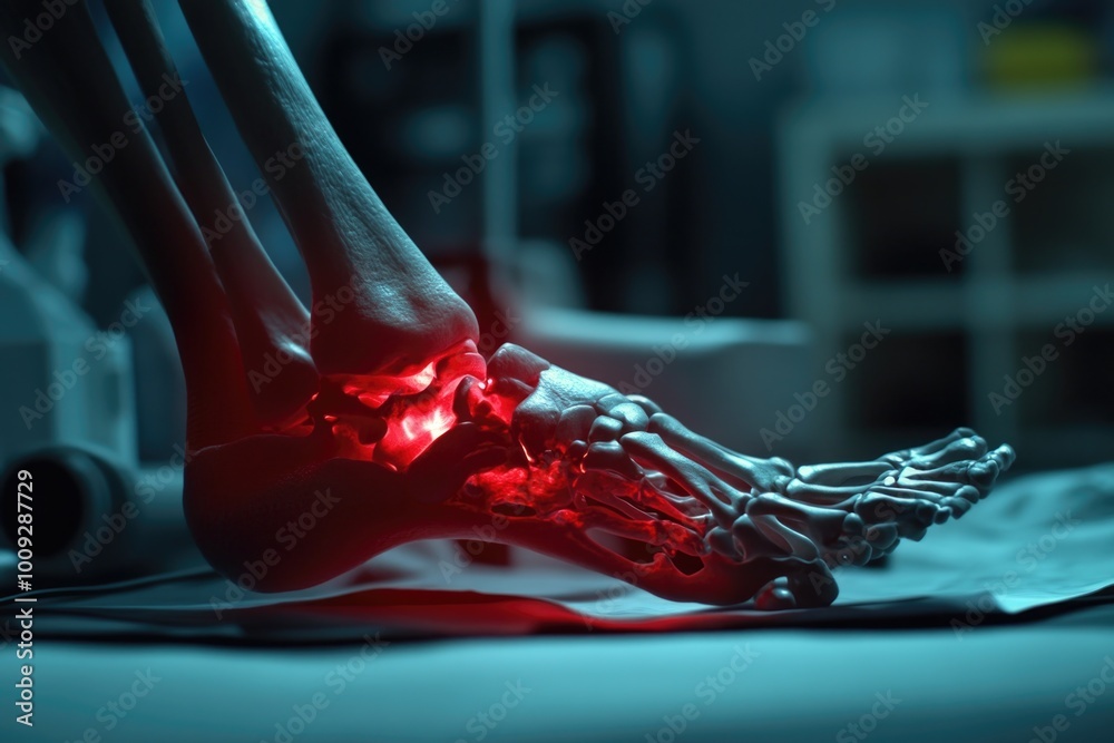 Aufkleber a close-up shot of a foot with a red light illuminating it, suitable for use in medical or technolog