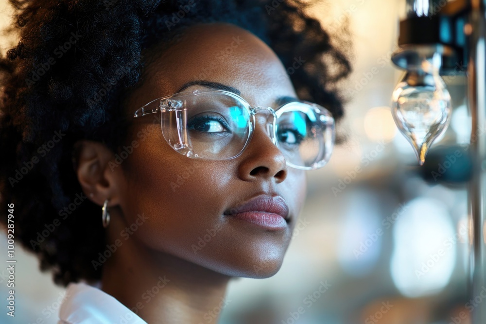 Poster A person wearing glasses looks at a computer monitor with focus and attention