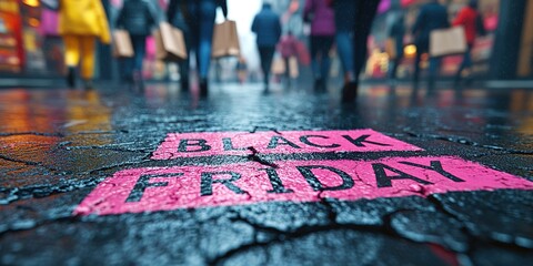 A close-up of a pink Black Friday inscription on the asphalt against a background of blurred people with colorful bags. The concept of discounts and sales