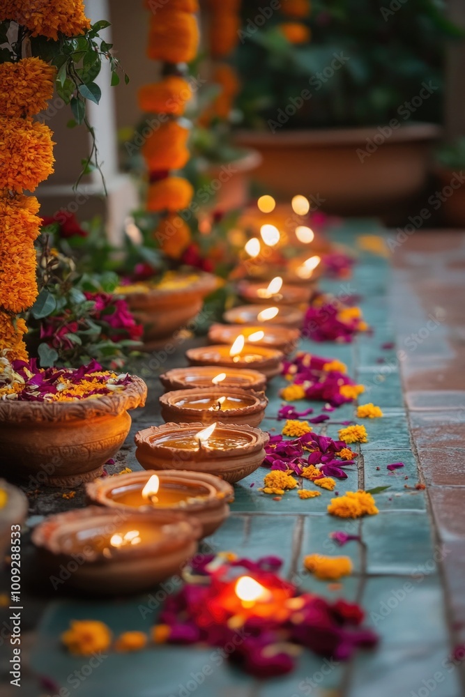 Poster a row of lit candles sitting on a blue table, perfect for use in home decor or event settings