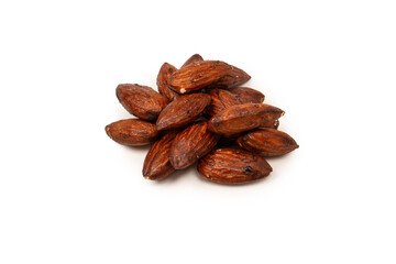 A group of caramelized almonds isolated on a white background.