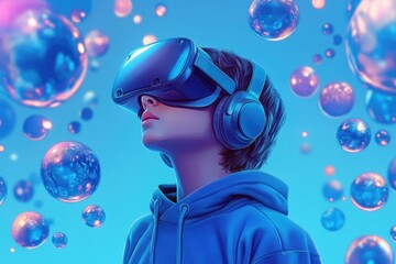 Naklejka premium A young boy wearing a virtual reality headset surrounded by colorful bubbles, perfect for technology or innovation themed projects