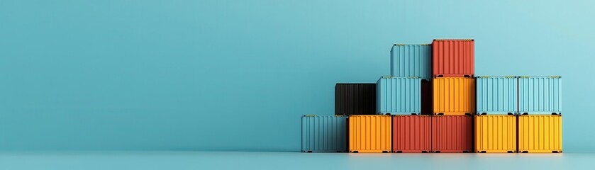 Fototapeta premium Colorful shipping containers stacked against a blue background, representing trade, logistics, and transportation.