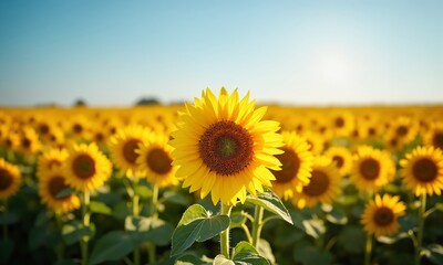 Fototapeta premium A vast sunflower field in full bloom, with the flowers all facing the sun. The bright yellow petals contrast sharply with the deep blue sky, and a gentle breeze moves through the tall stalks.