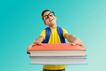 cute little child lean on books