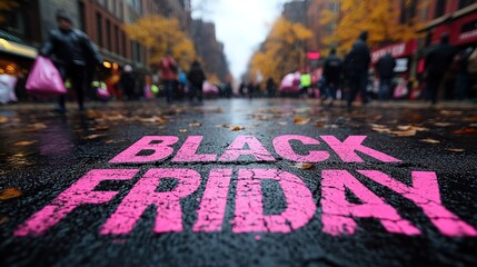 A close-up of a pink Black Friday inscription on the asphalt against a background of blurred people with colorful bags. The concept of discounts and sales