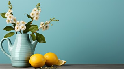 Minimalist still life  simple composition of fruits, plants, and ceramics on plain background