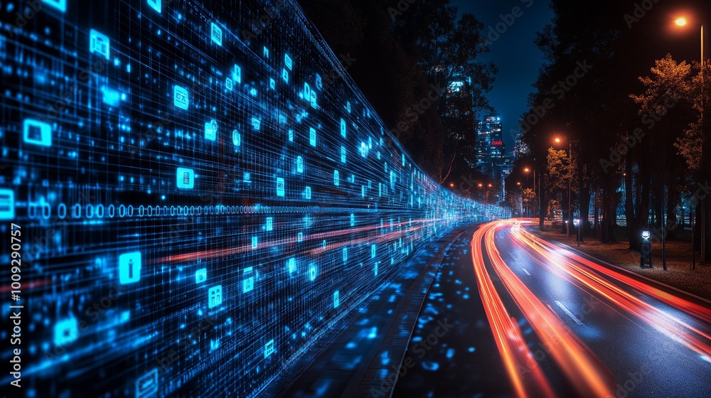 Poster Futuristic digital highway with data streams flowing through the night, representing fast communication, technology, and modern connectivity, Generative Ai