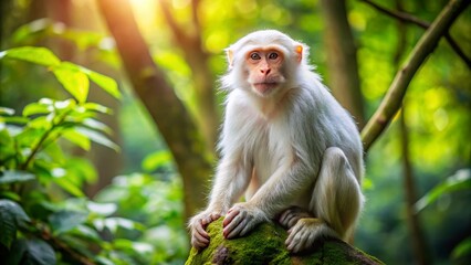 Fototapeta premium Fluffy White Monkey Sitting Peacefully on a Branch in a Lush Green Forest During Daylight Hours
