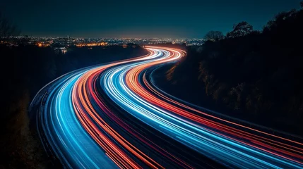 Fototapeten A futuristic city highway at night with glowing light streaks, capturing the speed and dynamic energy of modern urban transportation, Generative AI © Ben