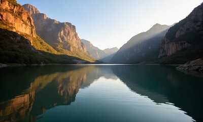 Fototapeta premium A peaceful lake surrounded by towering cliffs, with the still water perfectly reflecting the cliffs and sky above.