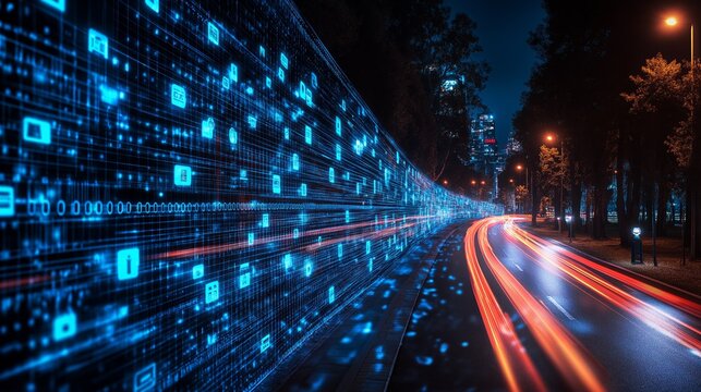 Futuristic digital highway with data streams flowing through the night, representing fast communication, technology, and modern connectivity, Generative Ai