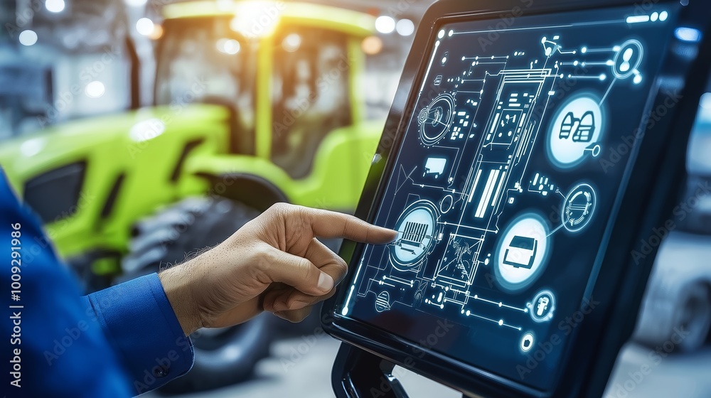 Poster A hand interacting with a touchscreen display showing tractor controls and data, symbolizing innovation and technology in modern agriculture, Generative AI
