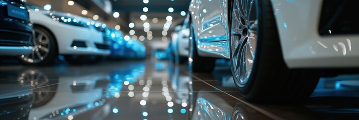 Modern automotive dealership with sleek car display and reflective flooring