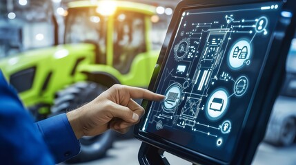 Fototapeta premium A hand interacting with a touchscreen display showing tractor controls and data, symbolizing innovation and technology in modern agriculture, Generative AI