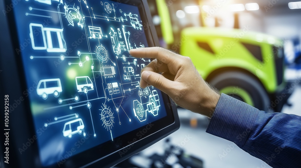 Poster A hand interacting with a touchscreen display showing tractor controls and data, symbolizing innovation and technology in modern agriculture, Generative AI