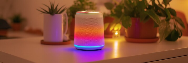 Modern home interior with voice-activated smart speaker