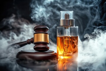 A decorative wooden gavel sitting next to a glass of perfume, perfect for use in still life photography or as a prop for a story about luxury and sophistication