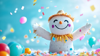 cheerful scarecrow character surrounded by colorful confetti and balloons creates festive atmosphere. This whimsical scene evokes joy and celebration, perfect for playful theme