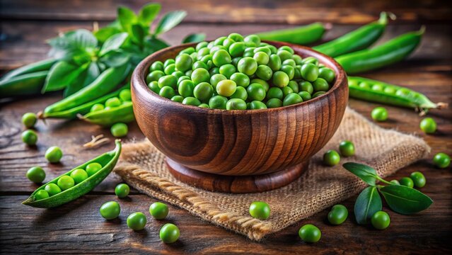 Fresh and Vibrant Alberja (Peas) in a Rustic Wooden Bowl Ready for Culinary Creations and Recipes