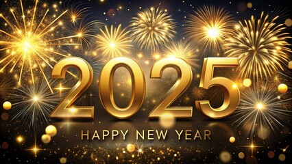 A vibrant New Year's 2025 celebration scene with golden fireworks, sparkling lights, and bold "2025" text. The festive design captures the excitement and joy of welcoming the New Year in style.