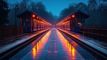 A tranquil train platform at dusk with the last train just disappearing soft muted lighting and pastel tones evoking a nostalgic mood 