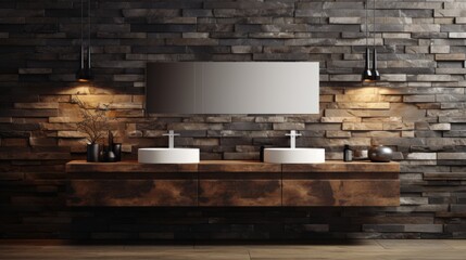Emphasis on textures  a serene bathroom featuring wood, stone, and tiles for a calm atmosphere