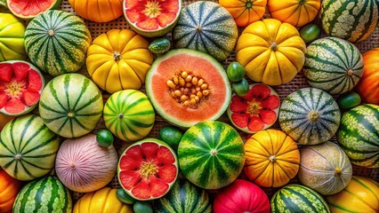 Fototapeta premium Fresh and Vibrant Supermelons Displayed Together in a Bright and Colorful Summer Arrangement