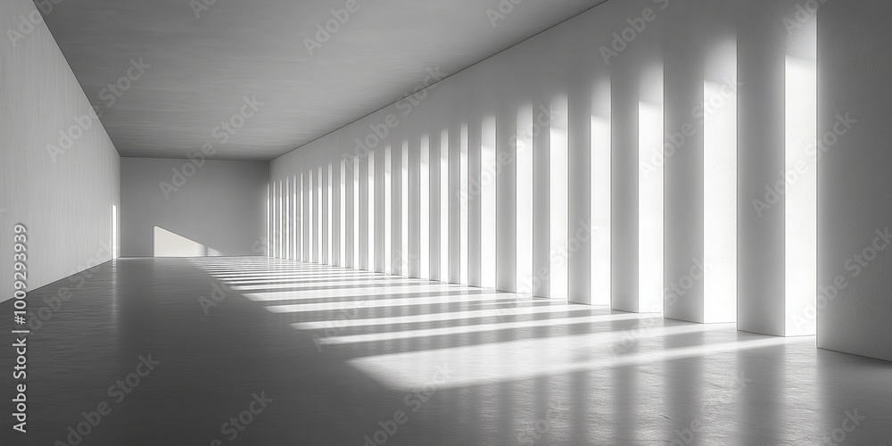 Poster A minimalist room with long columns of light and shadows, showcasing geometric simplicity, modern design, and bright open space in a futuristic setting, Generative AI