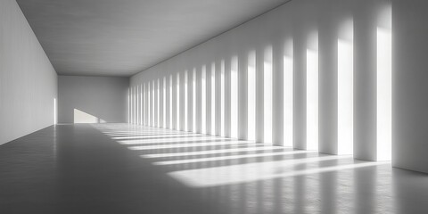 Fototapeta premium A minimalist room with long columns of light and shadows, showcasing geometric simplicity, modern design, and bright open space in a futuristic setting, Generative AI