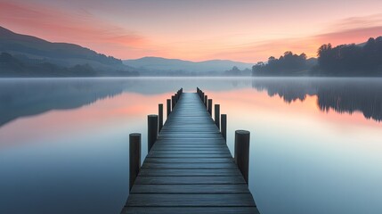 Fototapeta premium A serene lakeside view featuring a wooden pier extending into calm waters at sunrise, surrounded by misty hills.