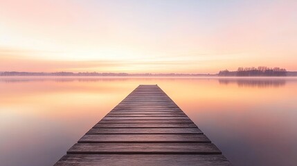 A serene wooden dock extends into a calm lake at sunrise, reflecting soft pastel colors in the water.