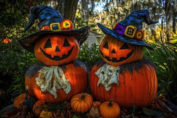 Fototapeta premium Two jack-o'-lanterns decorated with pointy hats, perfect for Halloween decorations or autumn themes