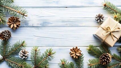 Christmas Composition with Fir Tree Branches, Gifts, and Pine Cones on White Wooden Background