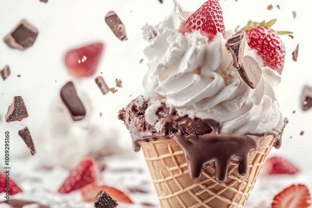 Wall mural A sweet treat with chocolate and strawberries on a waffle cone, perfect for a snack or dessert